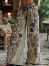 Load image into Gallery viewer, Classy Purple Lavender And Floral Embroidered Art Linen Pants