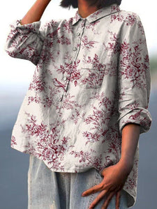 Women's Red Flower and Bird Print Casual Cotton And Linen Shirt