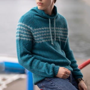 Men'S Vintage Blue Knitted Jacquard Hooded Sweater