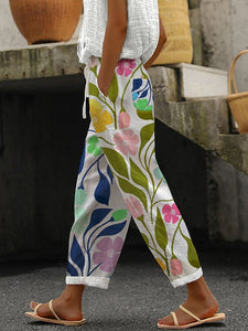 Botanical Floral Print Paneled Casual Baggy Trousers