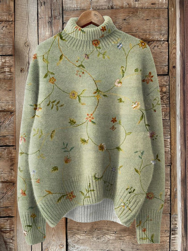 Vintage Lovely Floral Art Print Knit Turtleneck Pullover Sweater