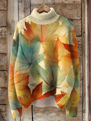 Vintage Lovely Fall Leaves Art Print Knit Turtleneck Pullover Sweater