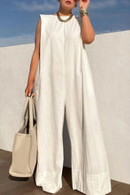 Load image into Gallery viewer, Plus Size White Casual Round-neck Sleeveless Wide Leg Jumpsuits