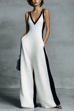 Load image into Gallery viewer, Women's Fashion Black and White Cotton Linen Color Block Thin Strap Jumpsuit