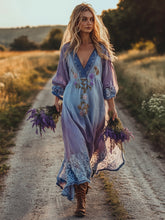 Load image into Gallery viewer, Spring Girl Green Pastoral Style Retro Floral Embroidery Pattern Art Linen V-neck Maxi Dress