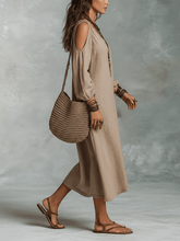Load image into Gallery viewer, Relaxed Bohemian Cold-Shoulder Linen Midi Dress