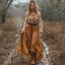Load image into Gallery viewer, Women's Retro V-neck Country Pastoral Linen Style Long-sleeve Casual Maxi Long Dress