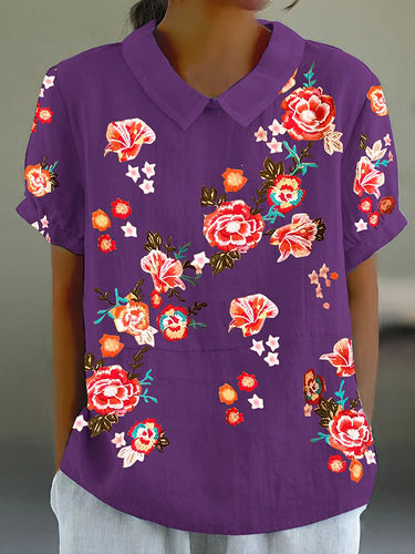 Women's Retro Floral Texture Design Casual Tops