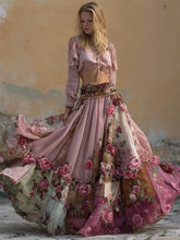 Load image into Gallery viewer, Pink Roses Embroidered Boho Floral Patchwork Flowy Wide Skirt