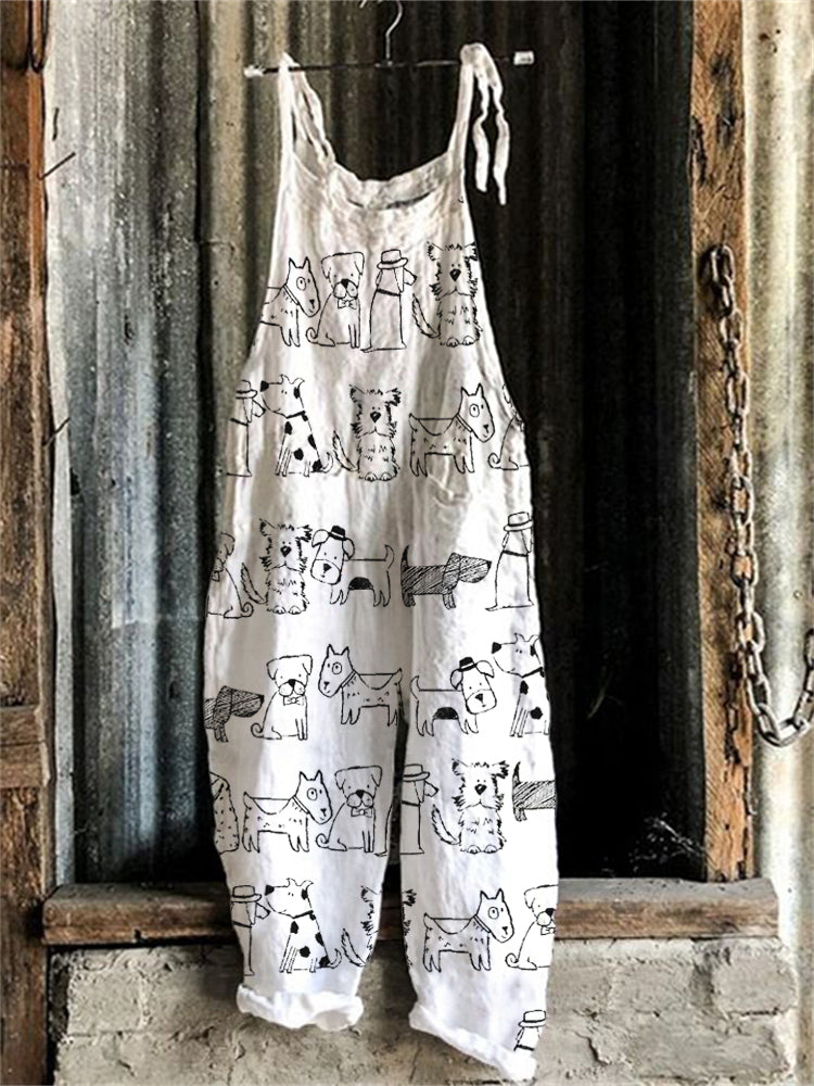 Lovely Dogs Pattern Casual Linen Blend Jumpsuit