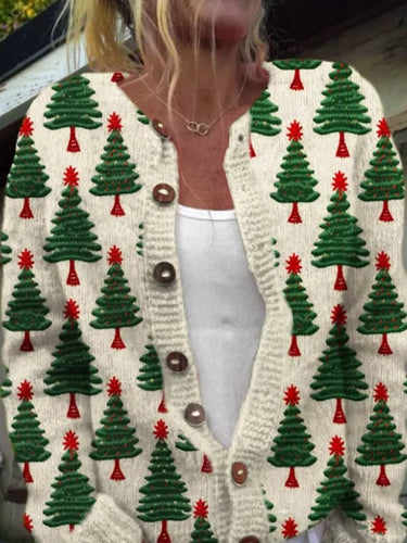 Women's Christmas Tree Print Knitted Cardigan