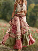 Load image into Gallery viewer, Vintage Boho Rose Floral Patchwork Art Flowy Casual Linen Skirt