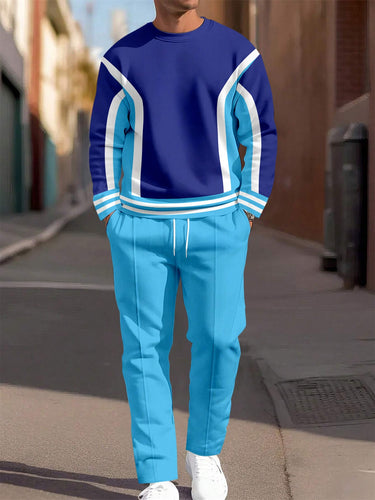 Men's Simple Color Blocking Round Neck Casual Sports Set 045