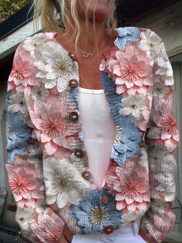 Fresh Three-dimensional Flowers Print Buttoned Cardigan Sweater