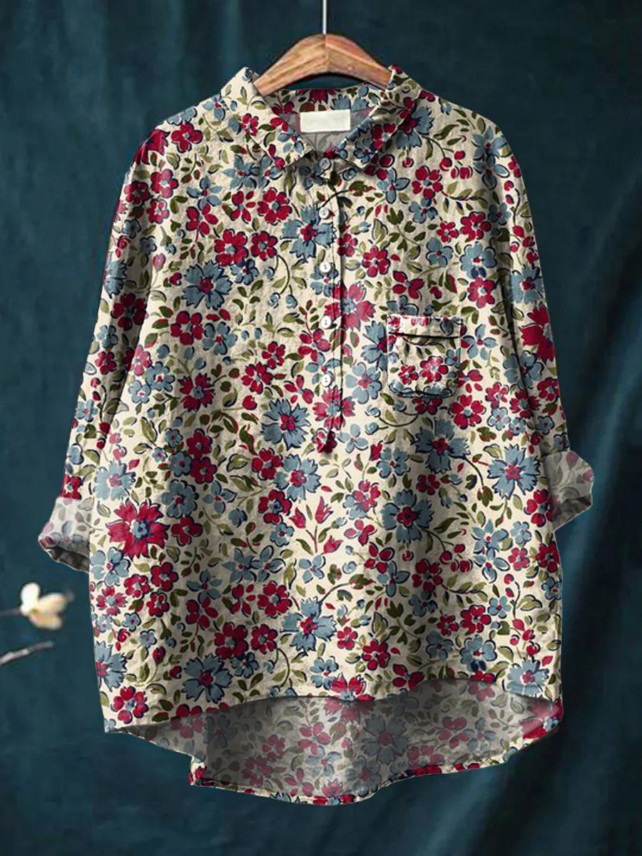 Women's Retro Red and Blue Floral Print Casual Cotton And Linen Shirt