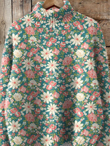 Retro Spring Floral Pattern Printed Knit Turtleneck Pullover Sweater