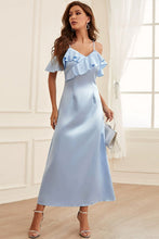 Load image into Gallery viewer, Formal Light Blue Satin Cold Shoulder Ruffle Maxi Dress