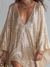 Load image into Gallery viewer, Champagne-colored Sequined Bohemian-style Mini Dress
