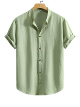 Load image into Gallery viewer, Men's summer stand collar cotton and linen solid color pleated texture comfortable short-sleeved shirt