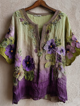 Load image into Gallery viewer, Pansy Floral Embroidered Forest Gradient Flowy Linen Shirt