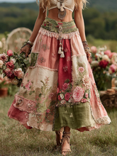 Load image into Gallery viewer, Vintage Boho Rose Floral Patchwork Art Flowy Linen Skirt