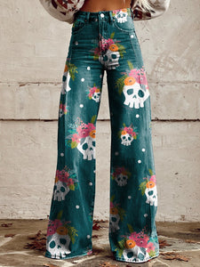 Cute Skeletal Flowers Women's Print Casual Wide Leg Pants