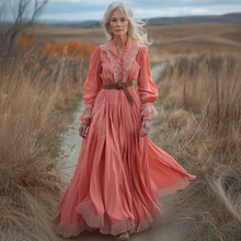 Load image into Gallery viewer, Women's Vintage V-neck Linen Pastoral Style Long-sleeve Maxi Long Dress