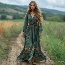 Load image into Gallery viewer, Women's Vintage V-neck Bohemian Pastoral Style Long-sleeved Maxi Long Dress