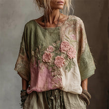 Load image into Gallery viewer, Vintage Pink Roses Embroidered Contrast Patchwork Linen Shirt