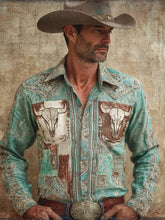 Load image into Gallery viewer, Western Bull Skull Pattern Men's Linen Long Sleeve Shirt