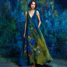 Load image into Gallery viewer, Vintage Floral Embroidered Contrast Linen Sleeveless Maxi Dress