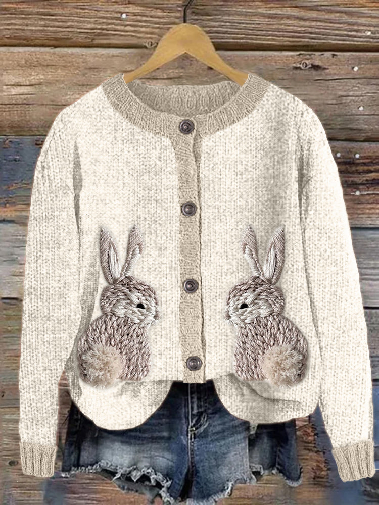 Cute Bunny Embroidery Art Cozy Knit Cardigan