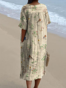 Women's Boughs And Robin Birds Pattern Printed Flowy Dress