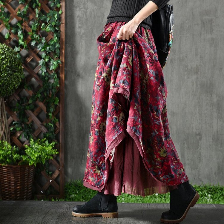 Woman Floral Loose Casual Cotton Linen Skirts