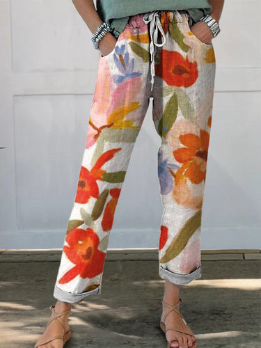 Women's Vintage Art Floral Printed Cotton And Linen Casual Pants