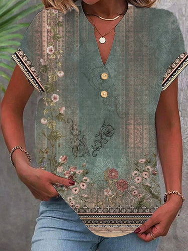 Women's Casual Short Sleeve Flower Print Shirt