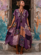 Load image into Gallery viewer, Women's Patchwork Floral Print V-neck Short-sleeved Bohemian Midi Dress