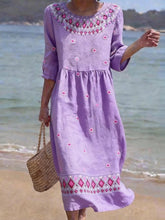 Load image into Gallery viewer, Women's Casual  Round Neck Mid Sleeve Print Cotton and Linen Dress