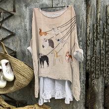 Load image into Gallery viewer, Embroidered Dog Art Print Crew Neck Loose Linen Blend Blouse