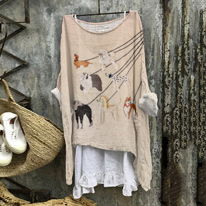 Embroidered Dog Art Print Crew Neck Loose Linen Blend Blouse