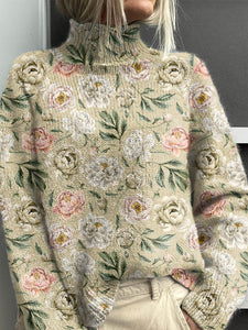 Women's Lovely Floral Art Print Knit Turtleneck Pullover Sweater