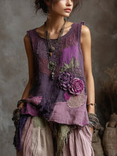 Load image into Gallery viewer, Vintage Purple Roses Lace Patchwork Linen Tank Top
