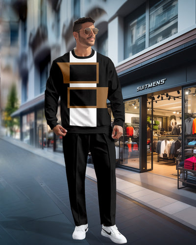 Men's Simple Colorblock Round Neck Casual Sports Set 0161