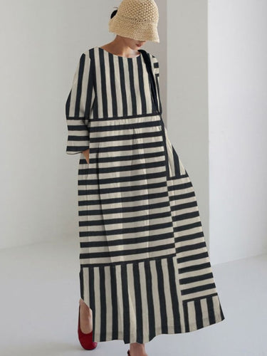 Ladies Artistic Striped Patchwork Design Casual Loose Dress