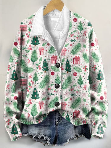 Christmas Tree Art Print Buttoned V-neck Cardigan Sweater