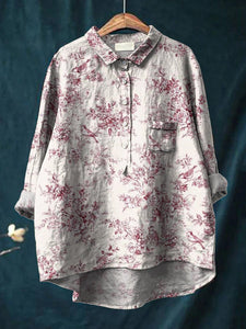 Women's Red Flower and Bird Print Casual Cotton And Linen Shirt