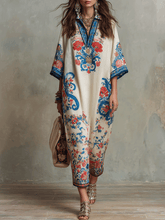 Load image into Gallery viewer, Bohemian Floral Paisley Kaftan Midi Dress In Ivory Blue