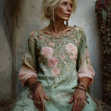Load image into Gallery viewer, Vintage Forest Pink Roses Gradient Linen Maxi Dress