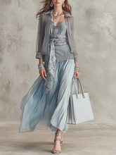 Load image into Gallery viewer, Elegant Dusty Blue Sheer Blouse &amp; Fitted Maxi Dress Co-ord Set
