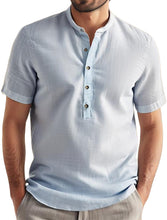 Load image into Gallery viewer, Men's summer cotton and linen stand collar solid color short-sleeved shirt